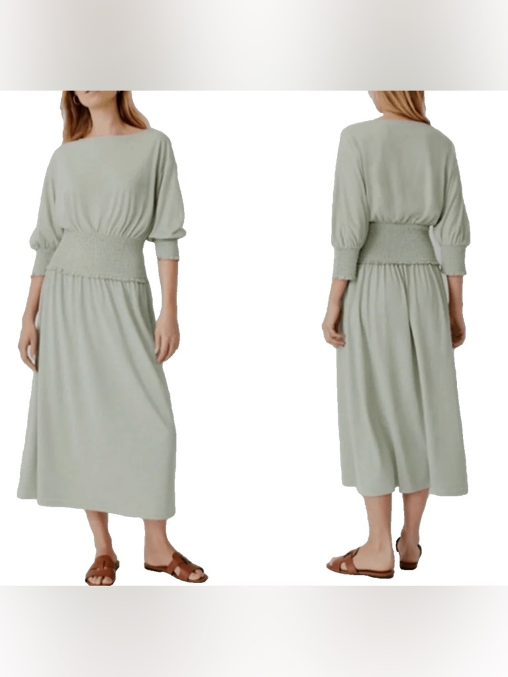 Ann Taylor Smocked Waist Midi Dress in Sunwashed Sage Green Lined Size XXL